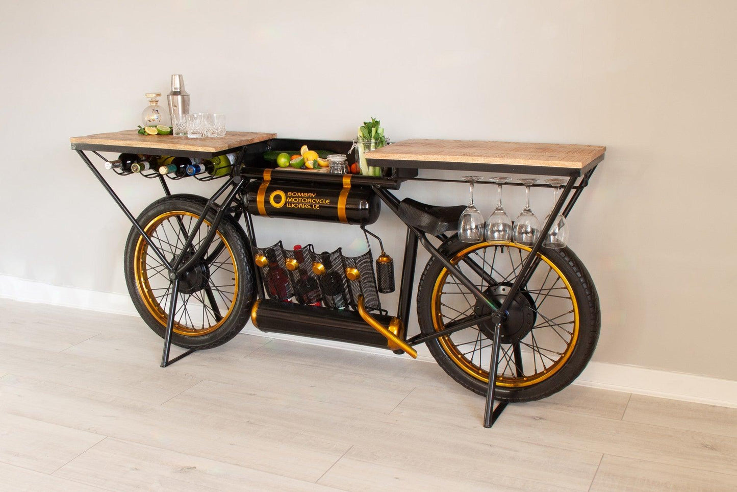 Black and Gold Metal Mango Wood Bike Bar Counter - AFS