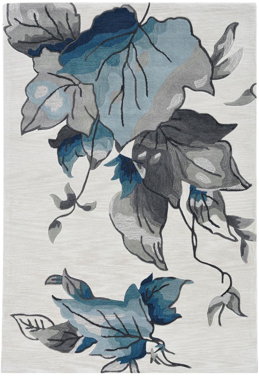 3' x 5' Ivory Blue Oversized Leaves Area Rug - AFS