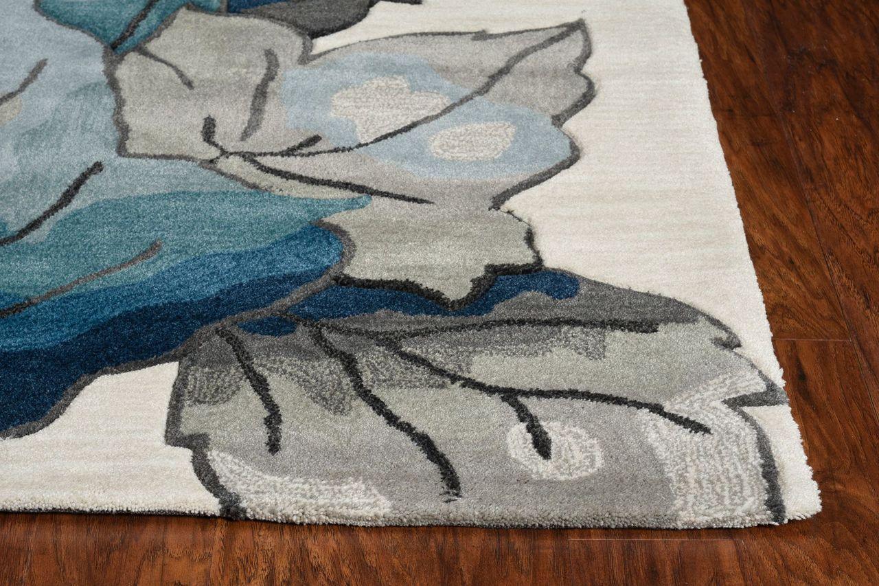 3' x 5' Ivory Blue Oversized Leaves Area Rug - AFS