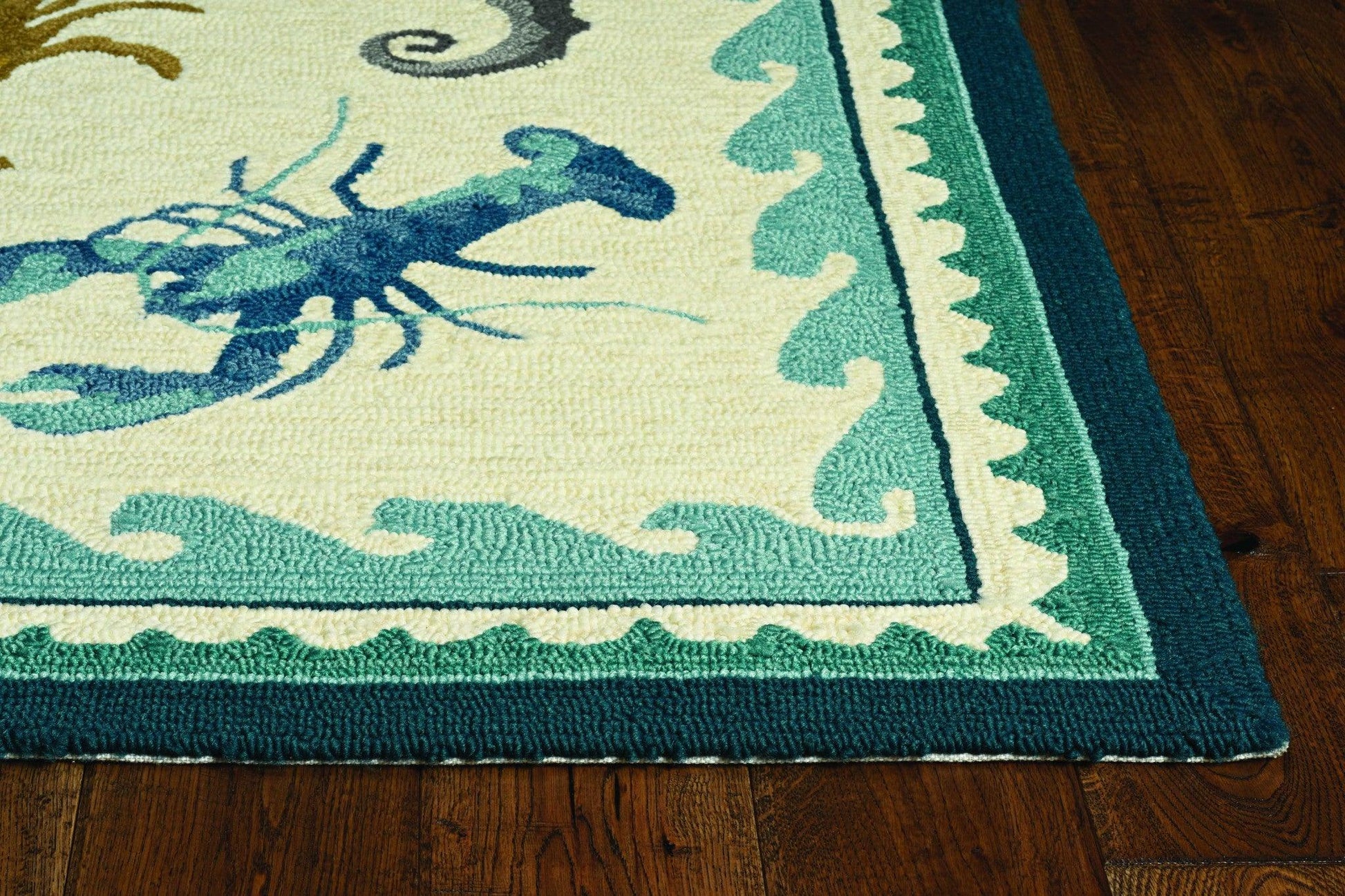 2'x3' Ivory Teal Hand Hooked UV Treated Bordered Coastal Sea Life Indoor Outdoor Accent Rug - AFS