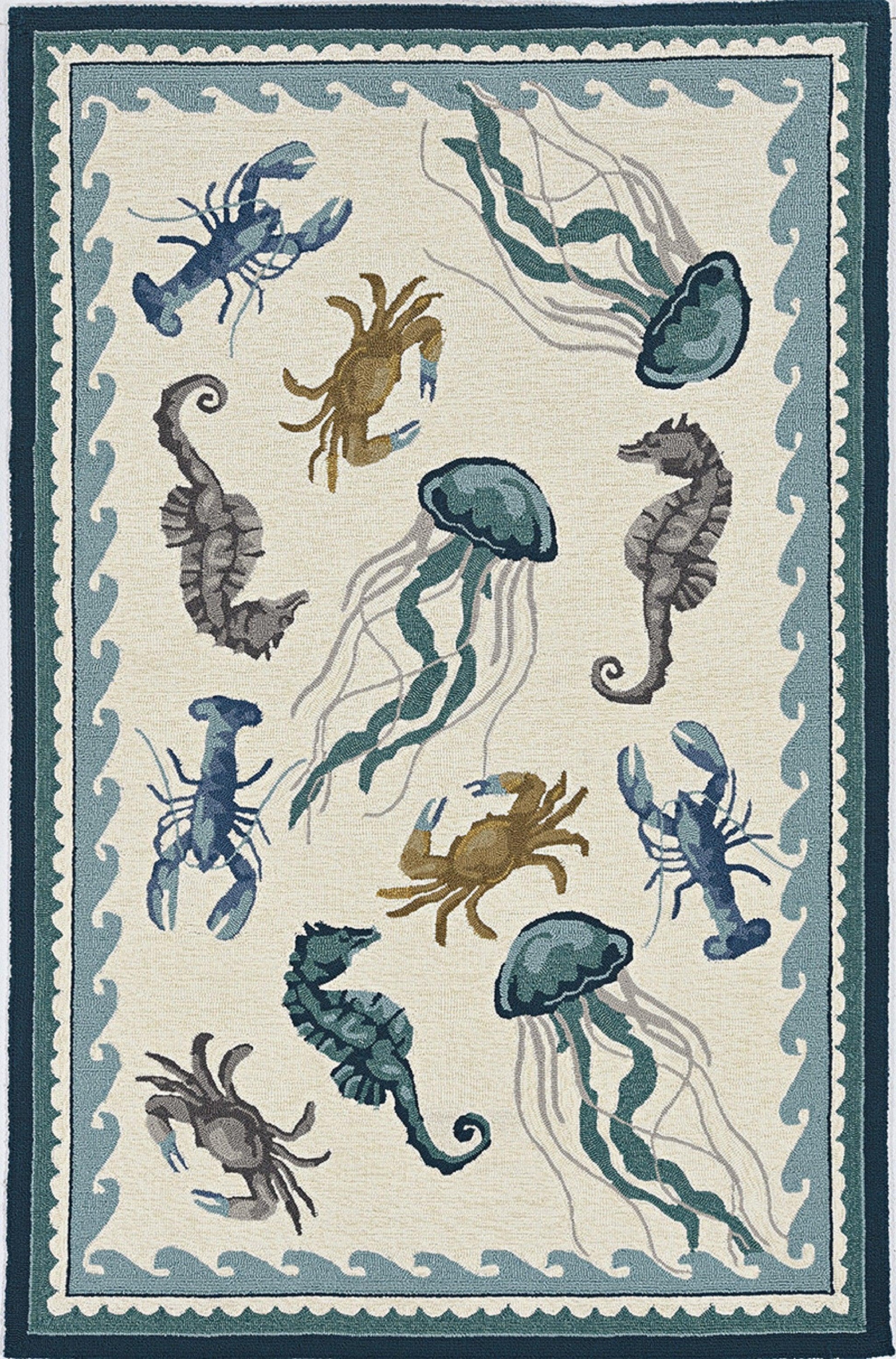 2'x3' Ivory Teal Hand Hooked UV Treated Bordered Coastal Sea Life Indoor Outdoor Accent Rug - AFS