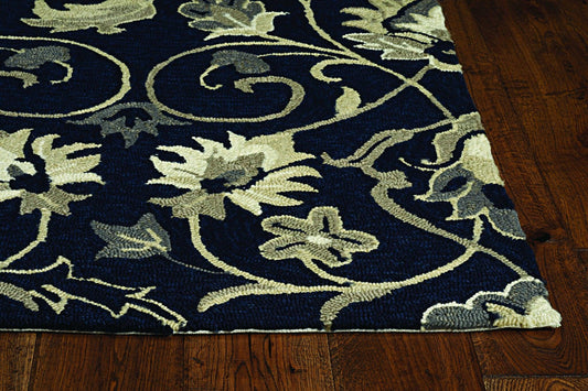 2'x3' Navy Blue Hand Hooked UV Treated Floral Vines Indoor Outdoor Accent Rug - AFS