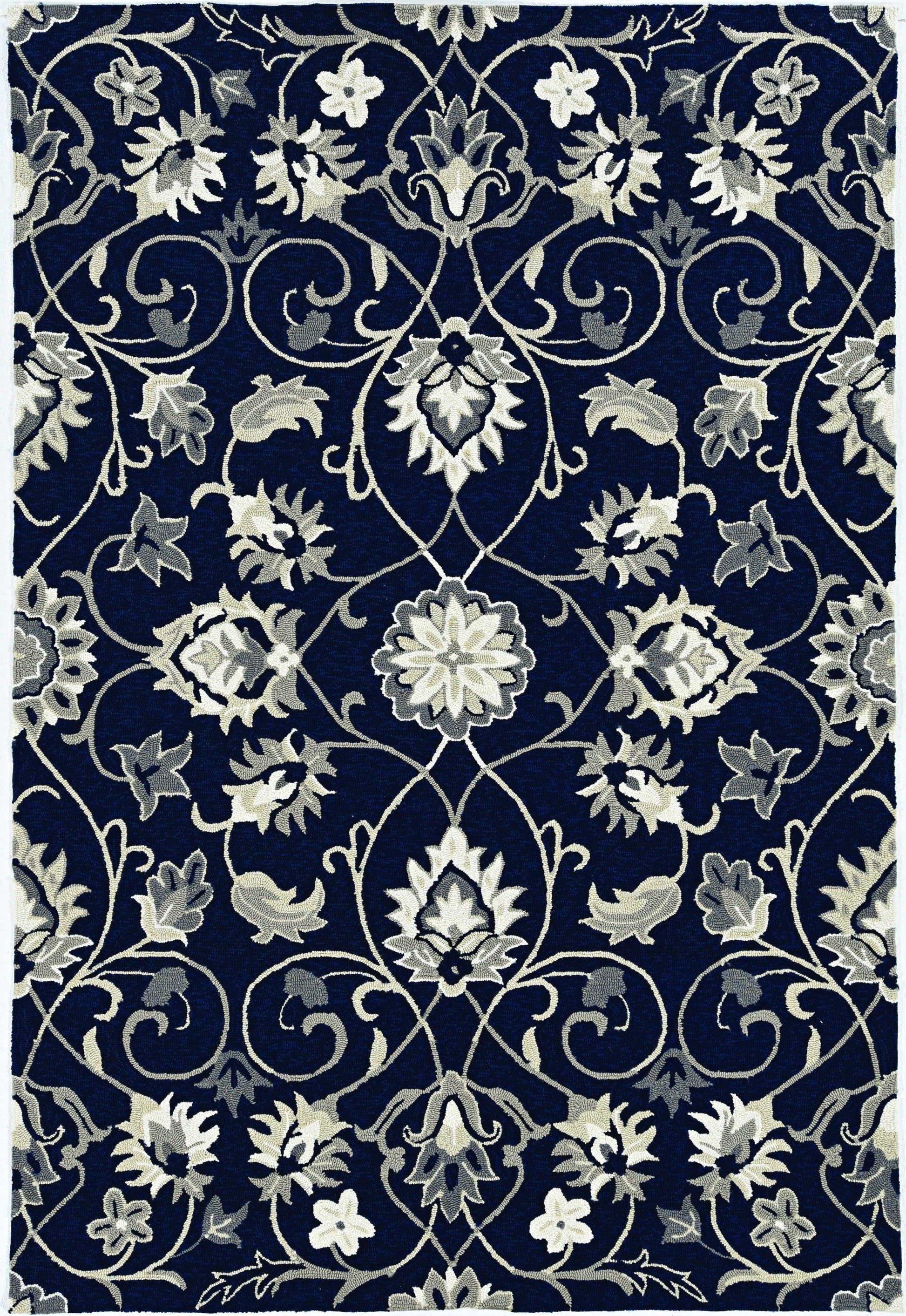 2'x3' Navy Blue Hand Hooked UV Treated Floral Vines Indoor Outdoor Accent Rug - AFS