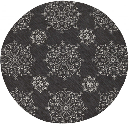 5'x8' Charcoal Grey Hand Woven UV Treated Floral Disk Indoor Outdoor Area Rug - AFS