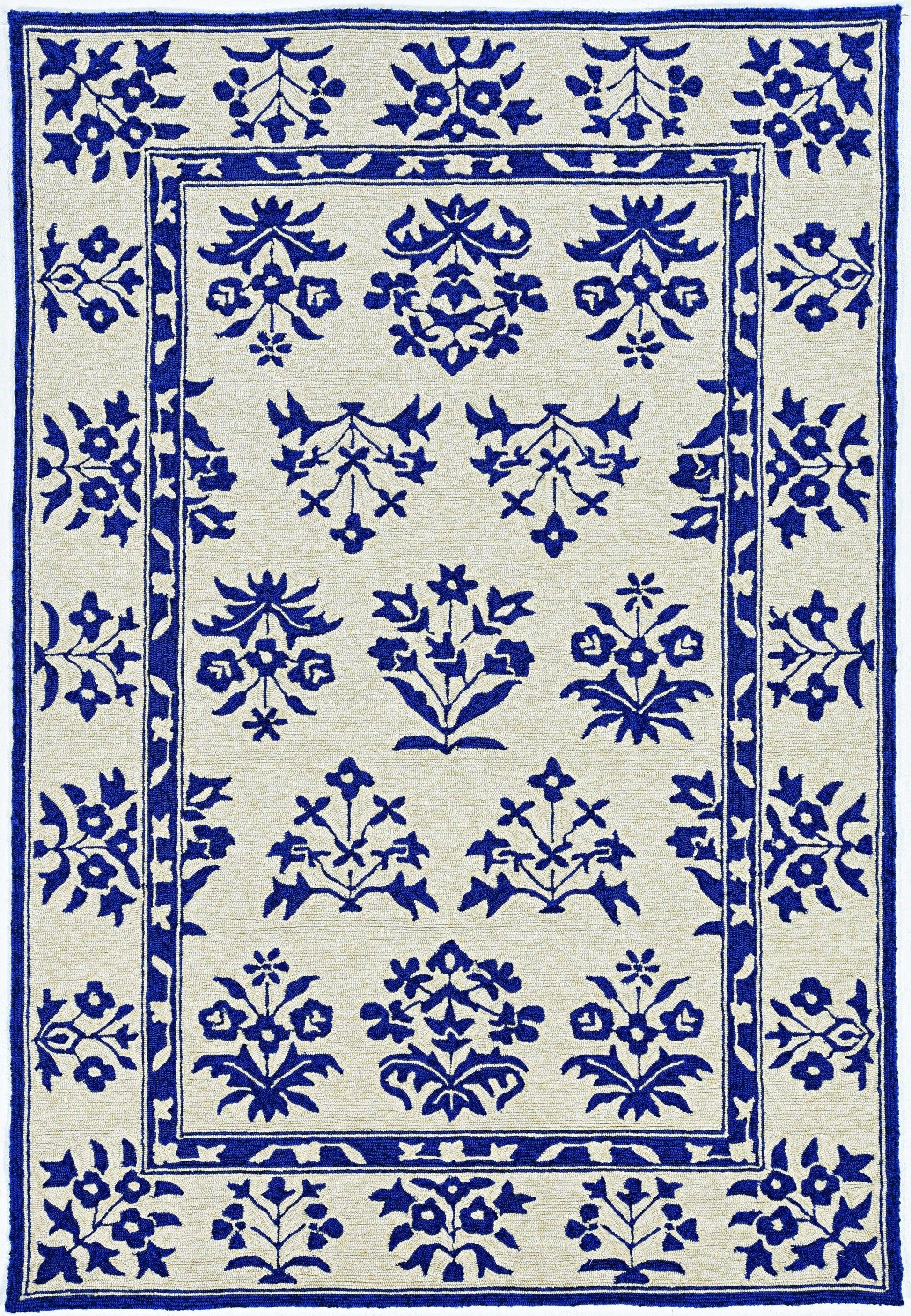 2'x3' Sand Blue Hand Hooked UV Treated Floral Traditional Indoor Outdoor Accent Rug - AFS