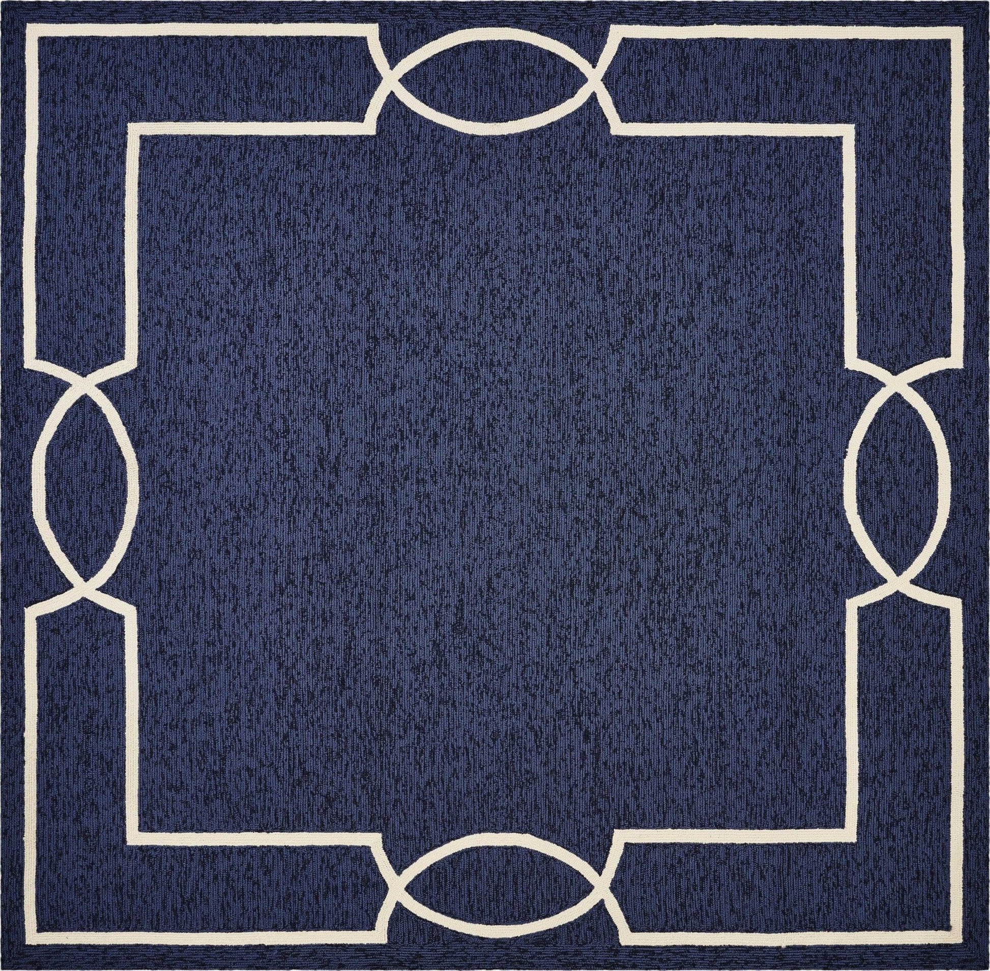 7' Ocean Blue Hand Hooked UV Treated Bordered Round Indoor Outdoor Area Rug - AFS