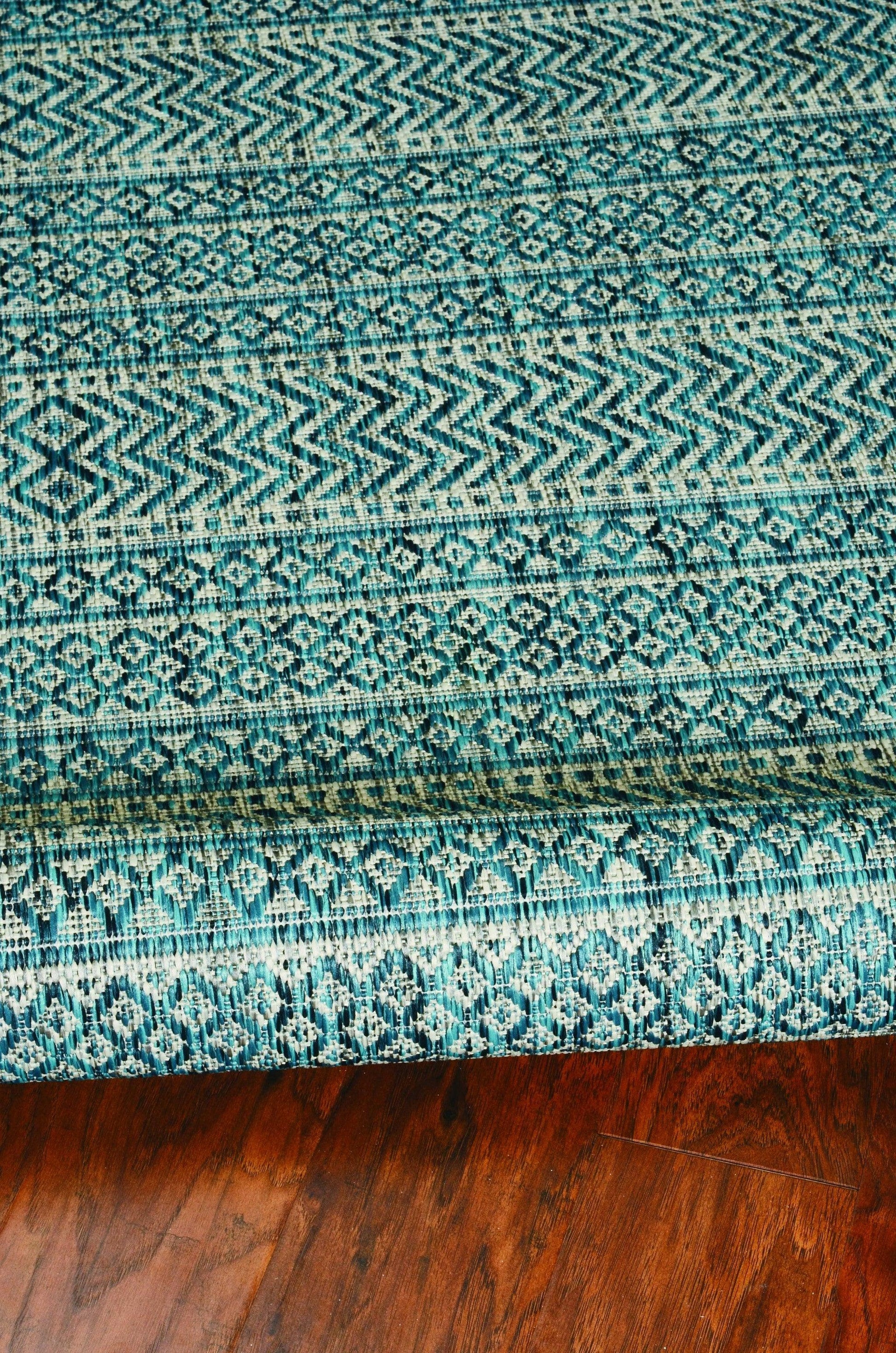 5'x7' Teal Machine Woven UV Treated Tribal Indoor Outdoor Area Rug - AFS