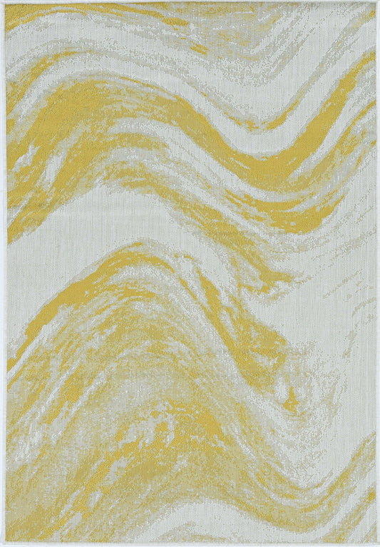 5'x7' Ivory Gold Machine Woven UV Treated Abstract Waves Indoor Outdoor Area Rug - AFS