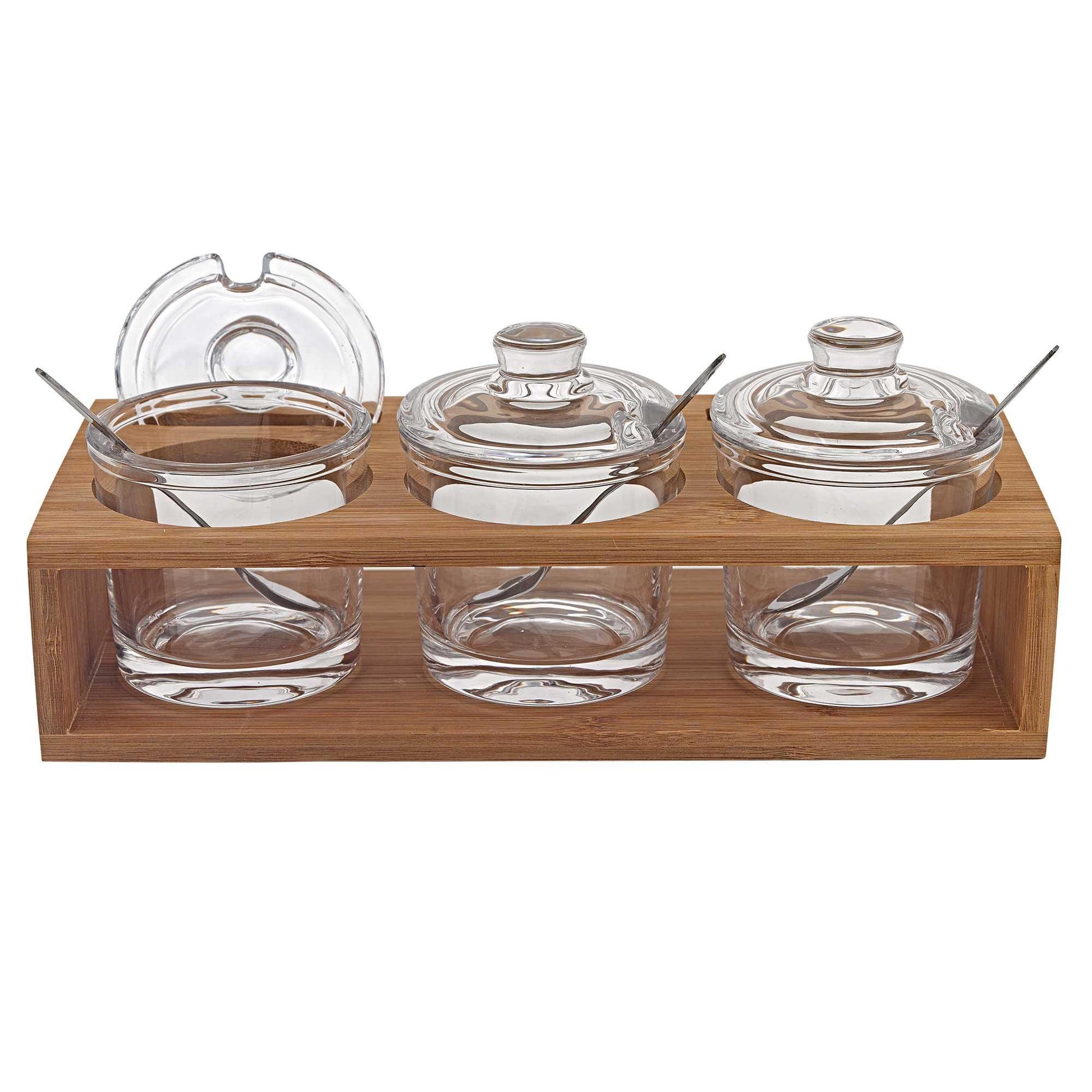 6 Mouth Blown Crystal Jam Set With 3 Glass Jars and Spoons on a Wood Stand - AFS