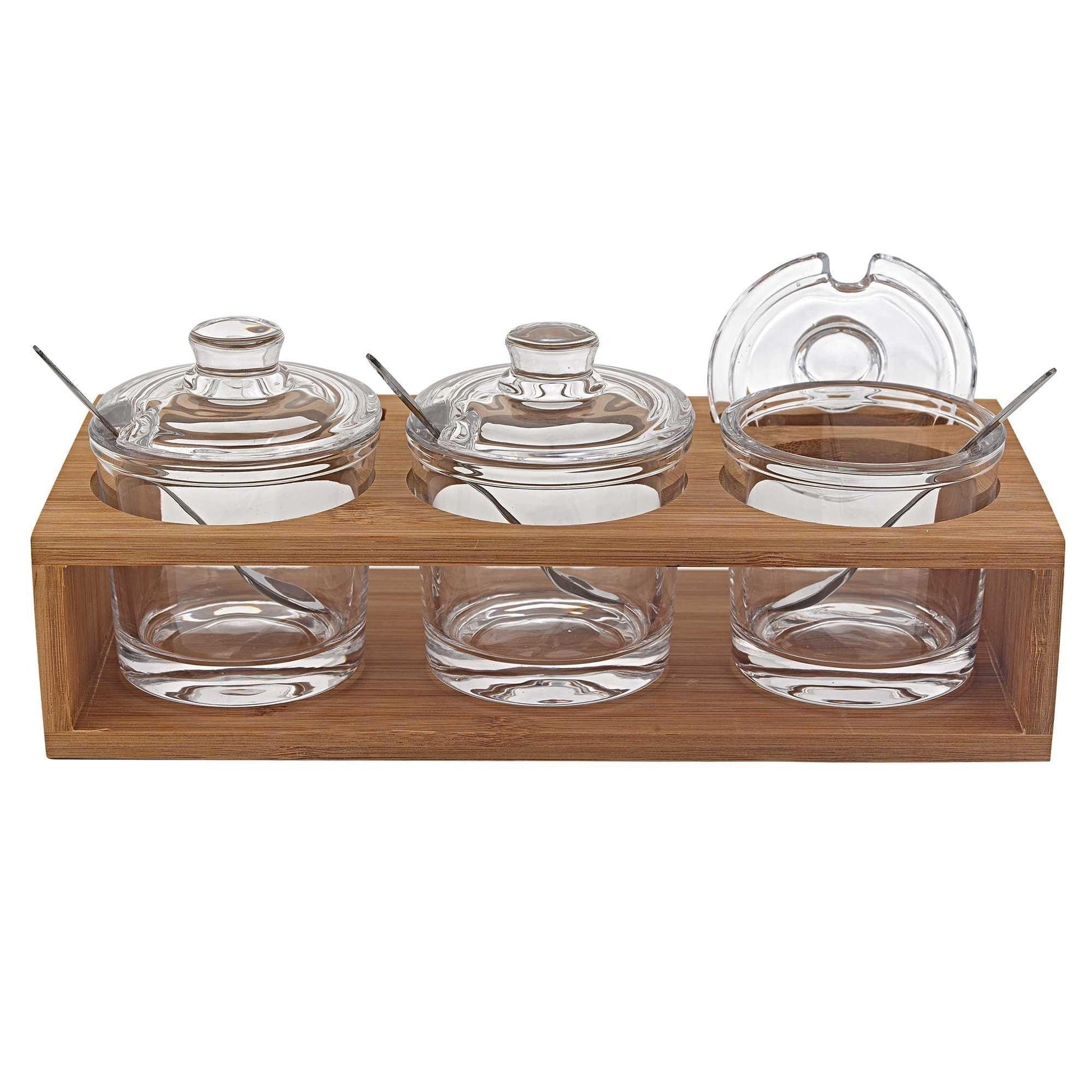 6 Mouth Blown Crystal Jam Set With 3 Glass Jars and Spoons on a Wood Stand - AFS