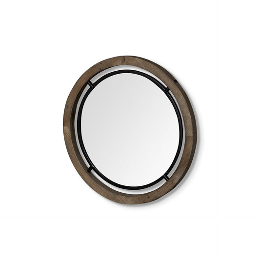 19" Brown Wood and Black Metal Frame Wall Mirror - AFS