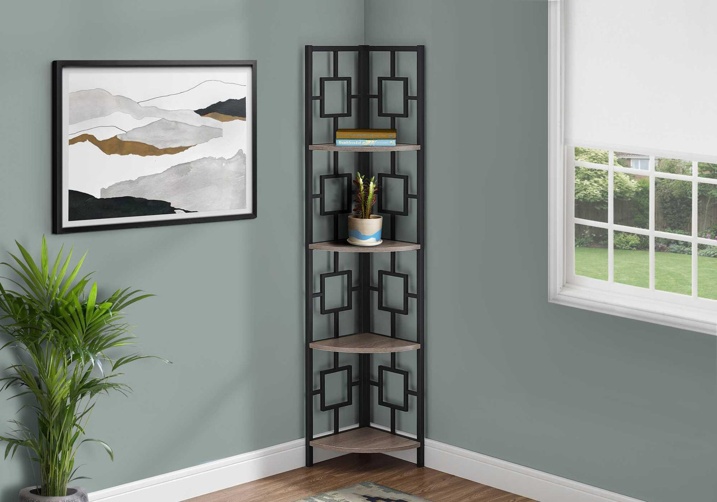 62" Dark Taupe and Black Metal Corner Bookcase with 4 shelves - AFS