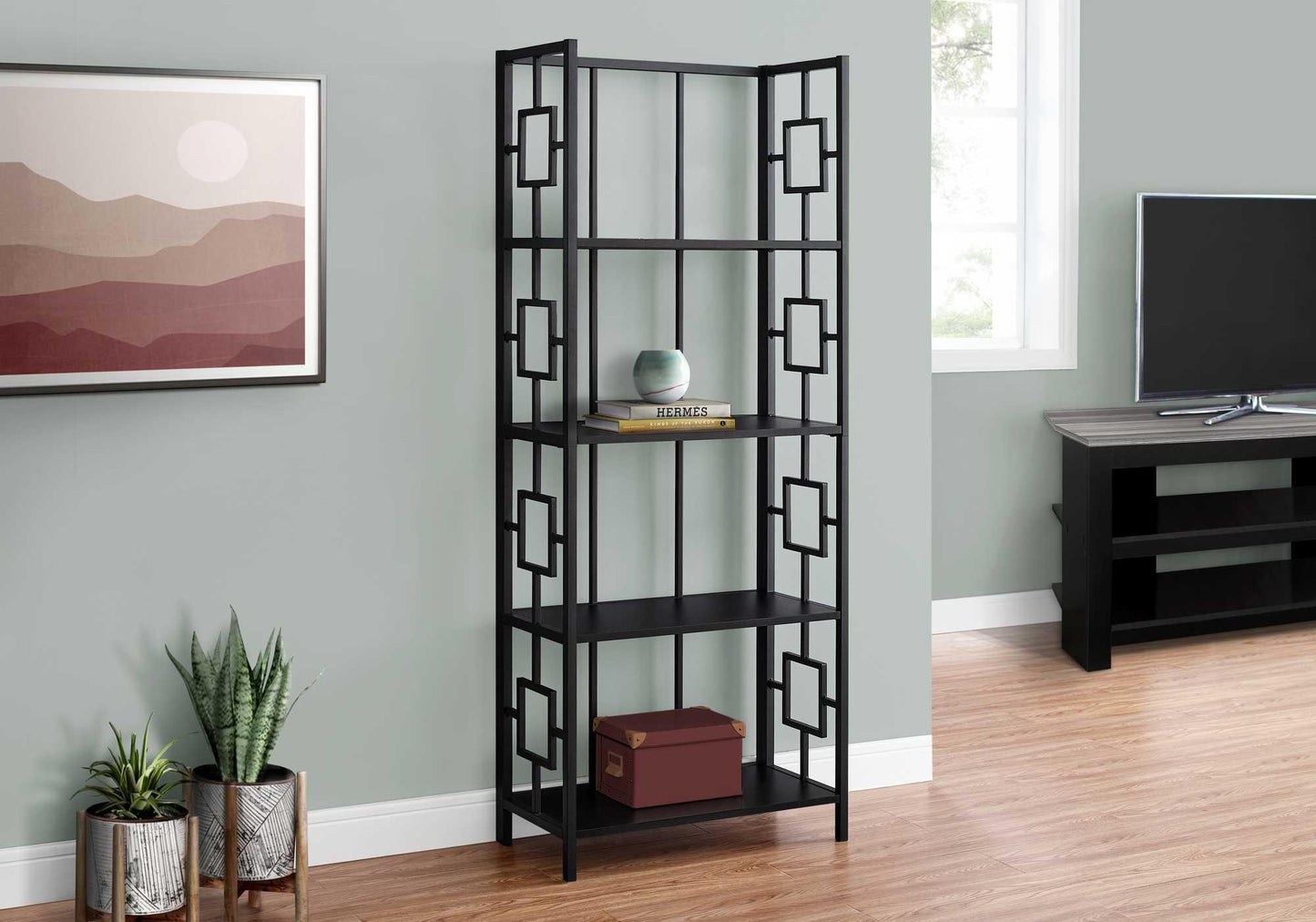 62" 4 Tier Bookcase BlackwithBlack Metal Etagere - AFS