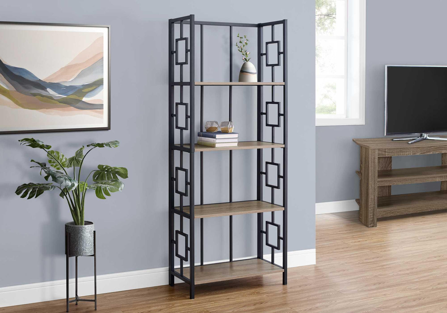 62" 4 Tier Bookcase Dark TaupewithBlack Metal Etagere - AFS