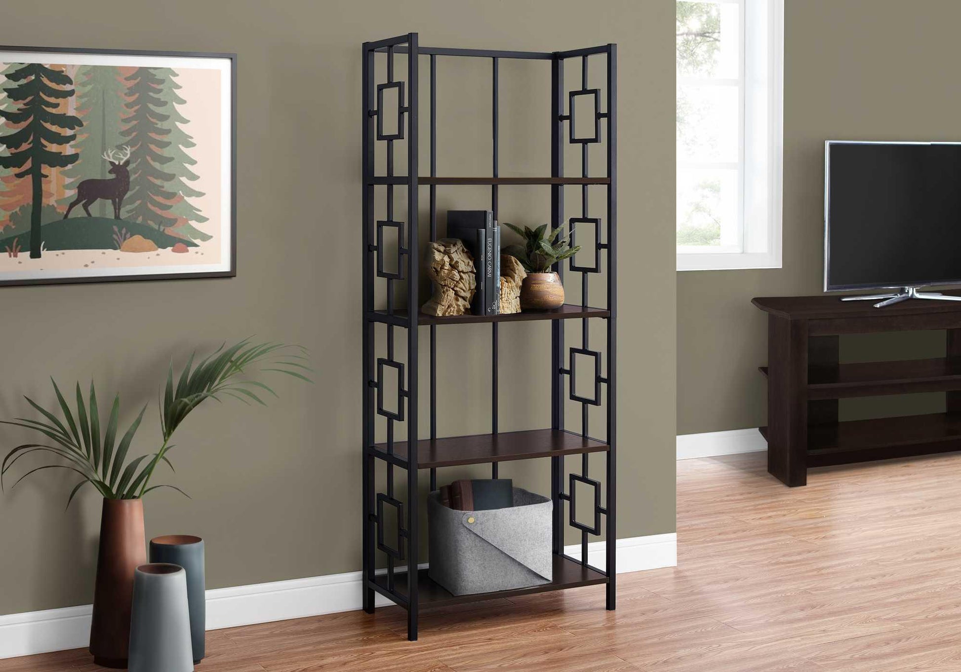 62" 4 Tier Bookcase EspressowithBlack Metal Etagere - AFS