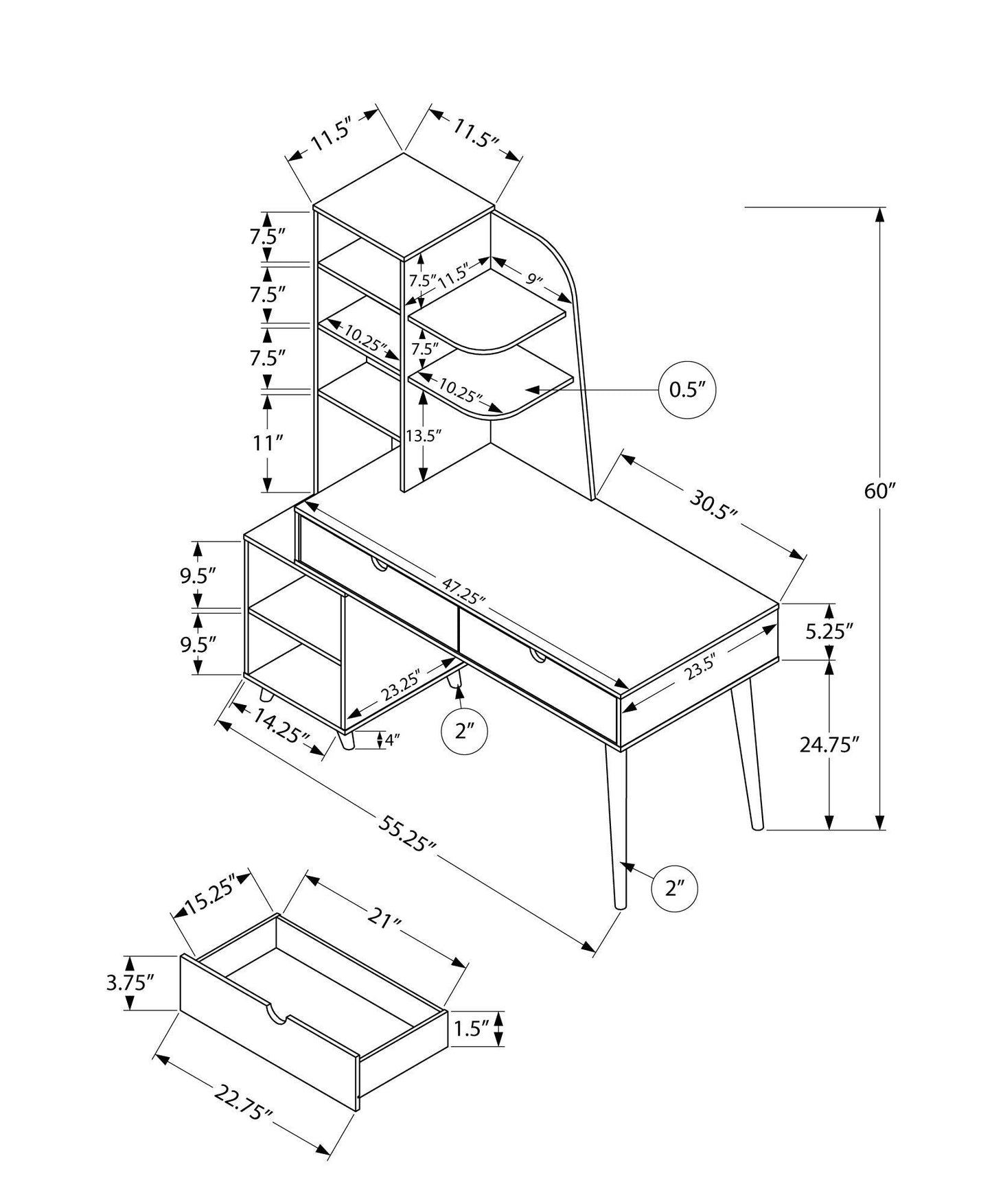 55" Grey Computer Desk with Bookcase - AFS