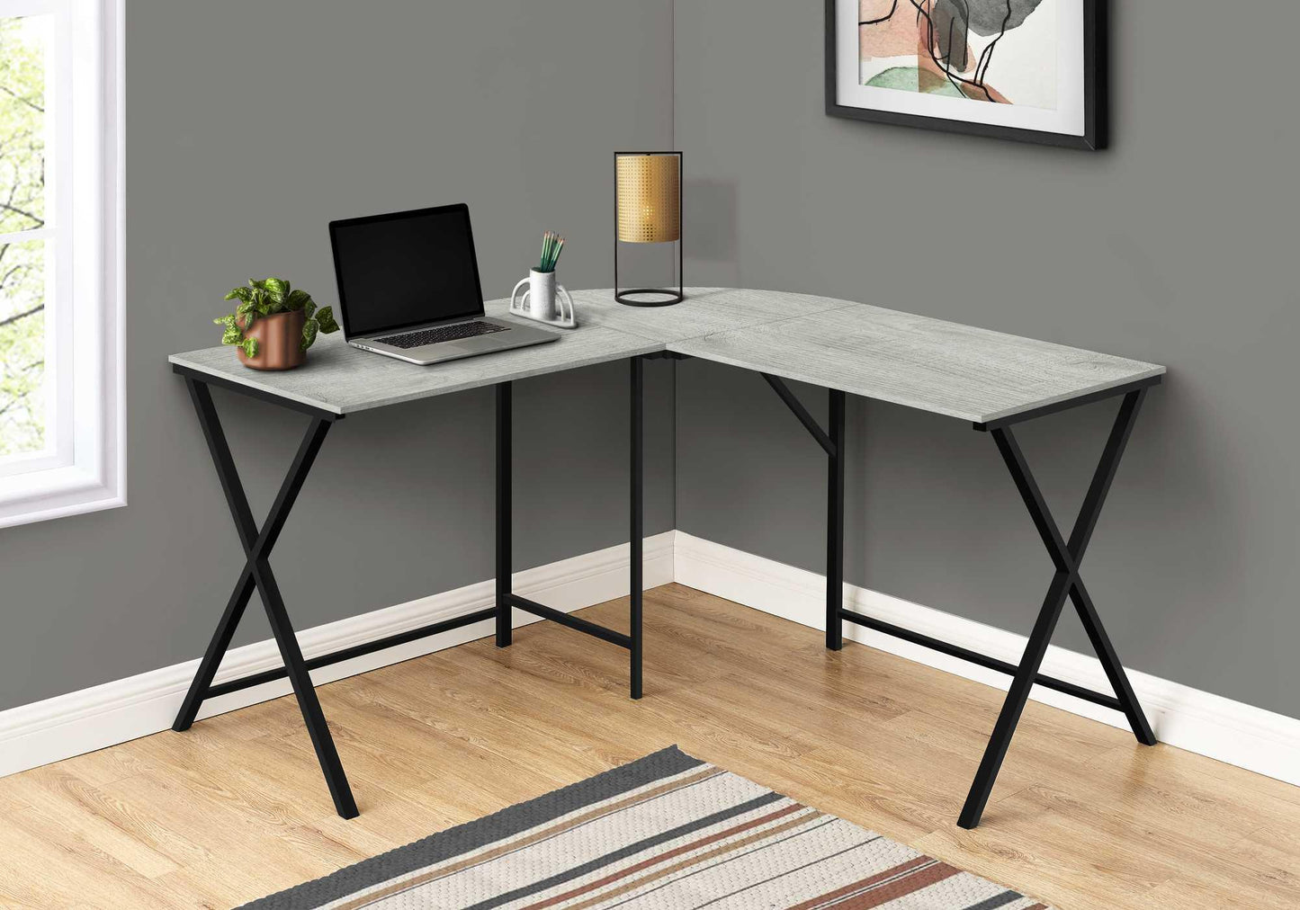 55" Grey Top and Black Metal Corner Computer Desk - AFS