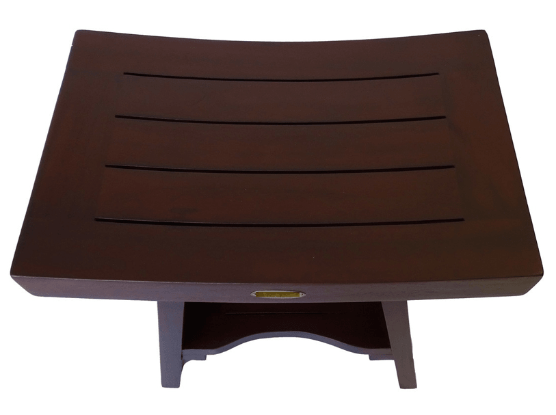 Compact Curviliniear Teak Shower Outdoor Bench with Shelf in Brown Finish - AFS