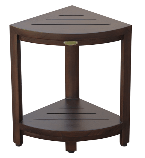 Compact Triangular Teak Shower Outdoor Bench with Shelf in Brown Finish - AFS