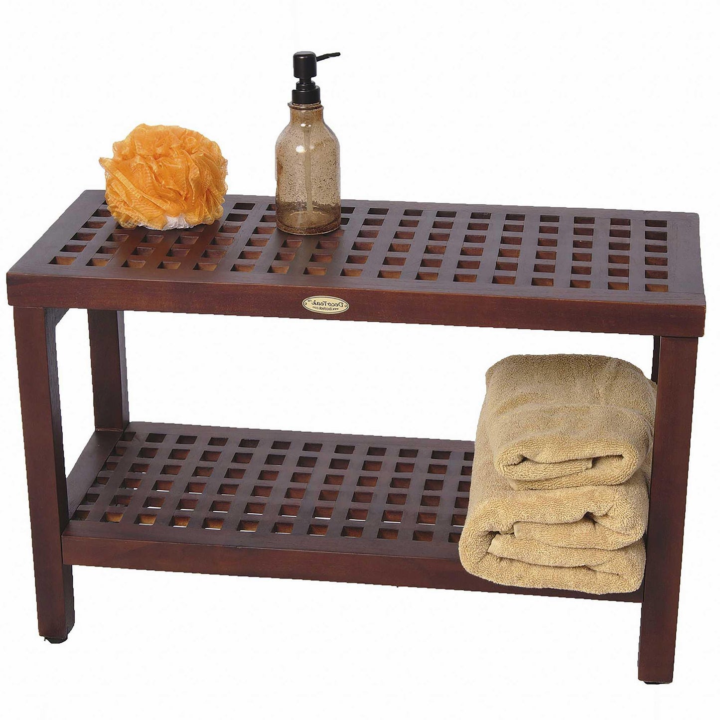 Lattice Teak Shower Bench with Shelf in Brown Finish - AFS