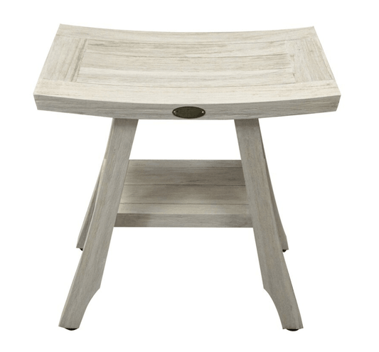 Compact Square Teak Shower Stool with Shelf in White Finish - AFS