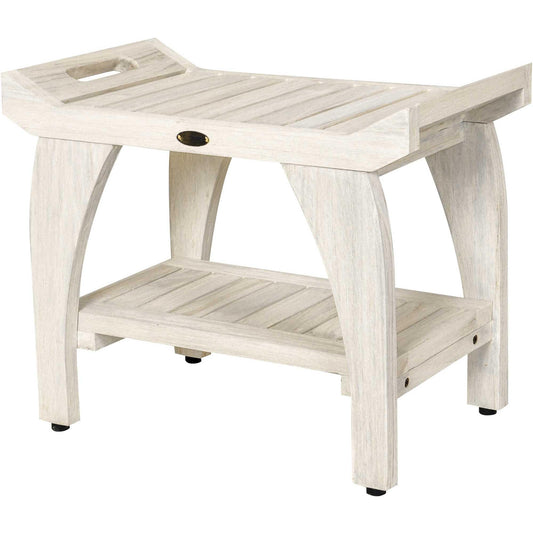 Compact Teak Shower Stool with Shelf and Handles in White Finish - AFS