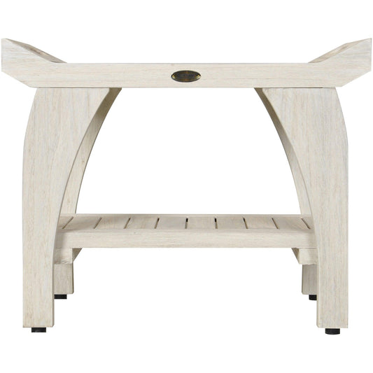 Compact Teak Shower Stool with Shelf and Handles in White Finish - AFS