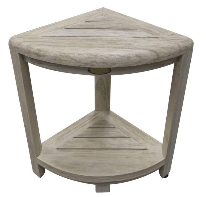 Compact Teak Corner Shower Stool with Shelf in Whitewash Driftwood - AFS