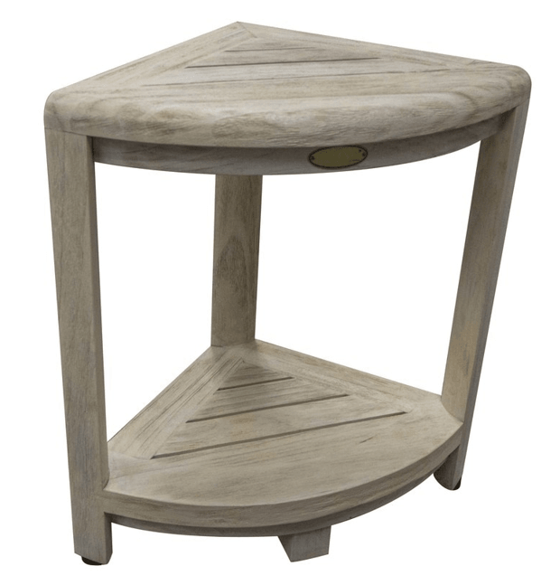 Compact Teak Corner Shower Stool with Shelf in Whitewash Driftwood - AFS