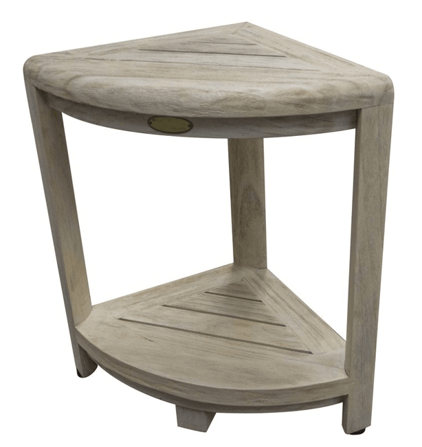 Compact Teak Corner Shower Stool with Shelf in Whitewash Driftwood - AFS