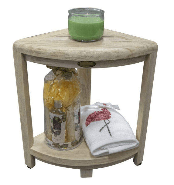 Compact Teak Corner Shower Stool with Shelf in Whitewash Driftwood - AFS