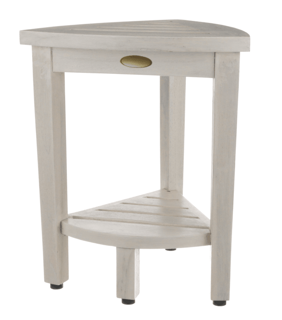 Compact Teak Corner Shower Stool with Shelf in Whitewash Finish - AFS