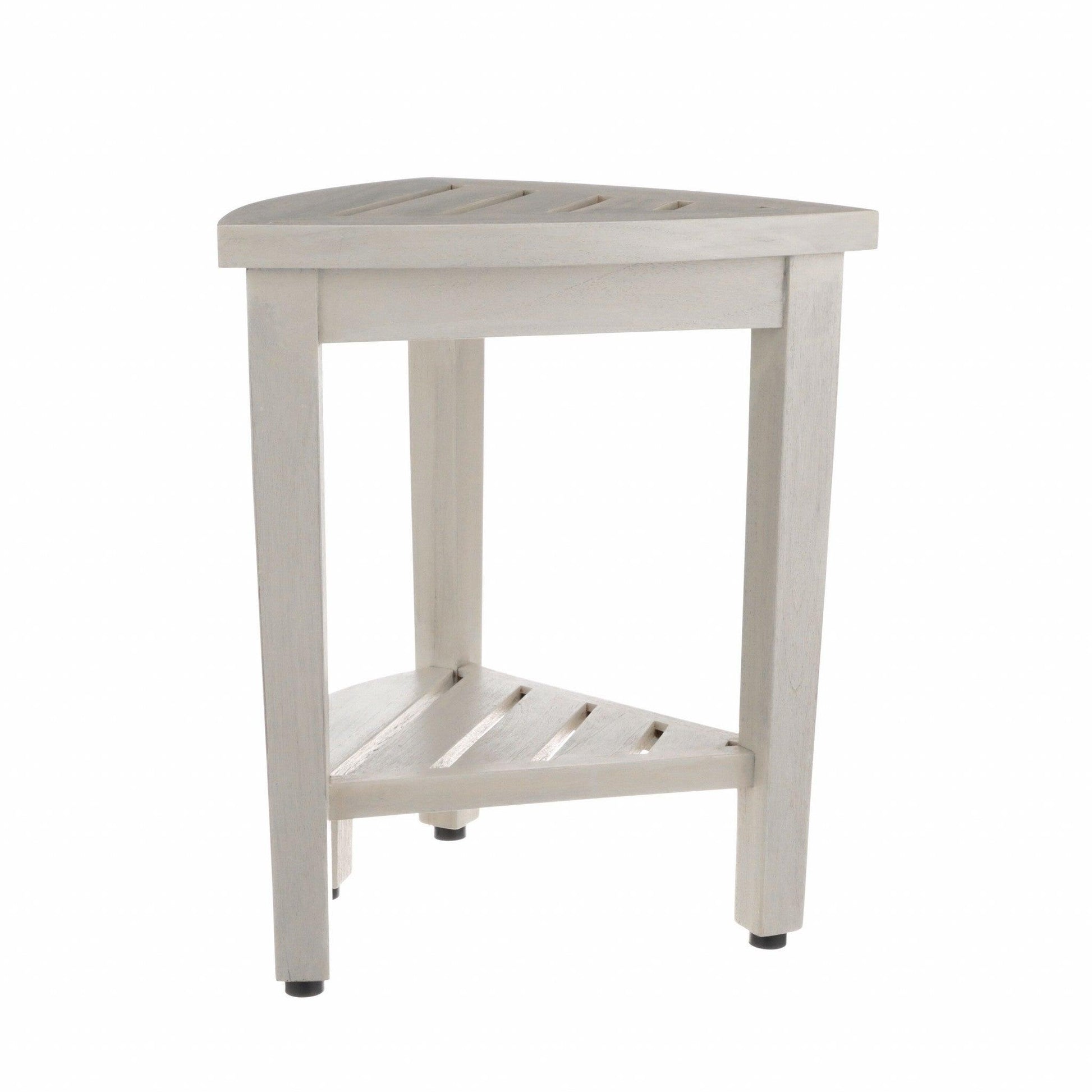 Compact Teak Corner Shower Stool with Shelf in Whitewash Finish - AFS