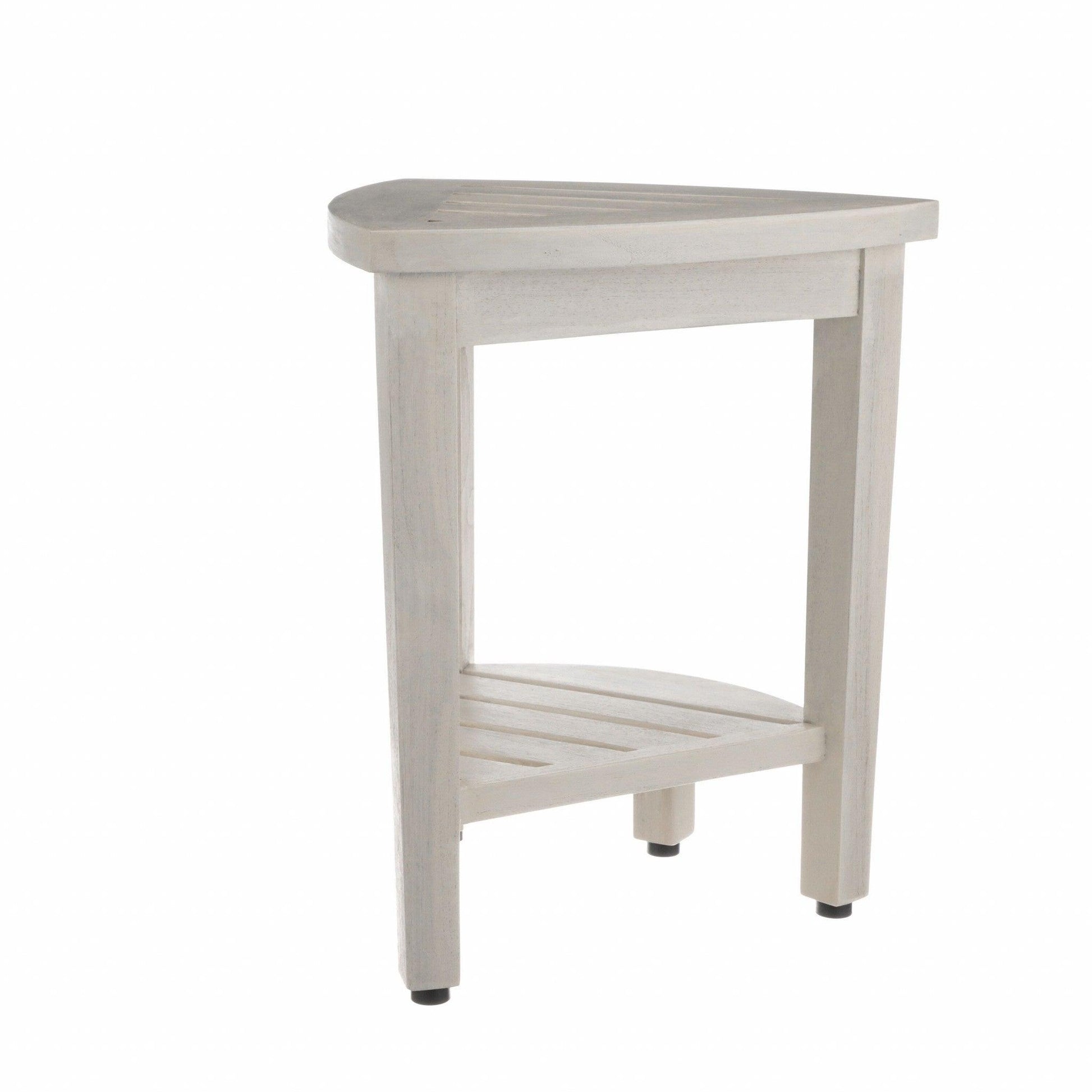 Compact Teak Corner Shower Stool with Shelf in Whitewash Finish - AFS