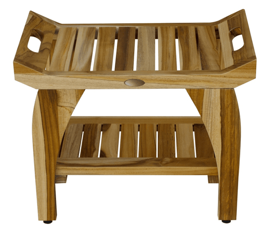 Compact Rectangular Teak Shower Bench with Handles in Natural Finish - AFS