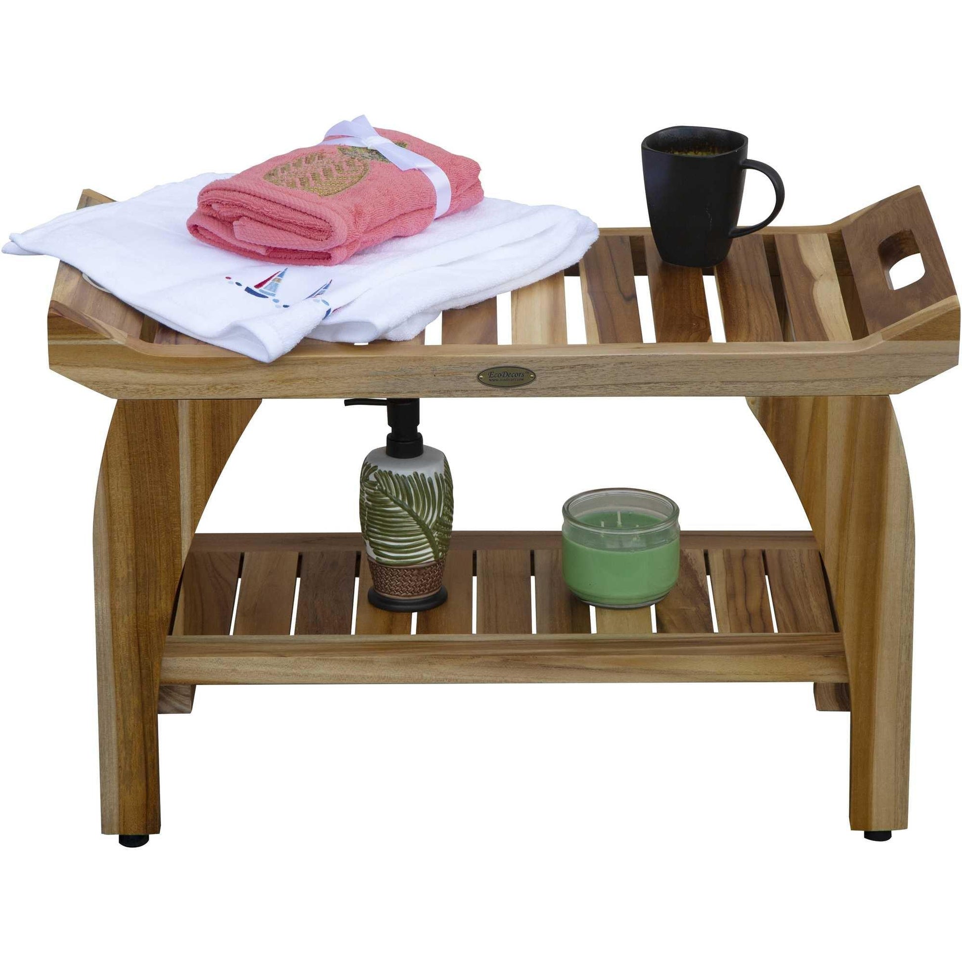 Rectangular Teak Shower Bench with Handles in Natural Finish - AFS