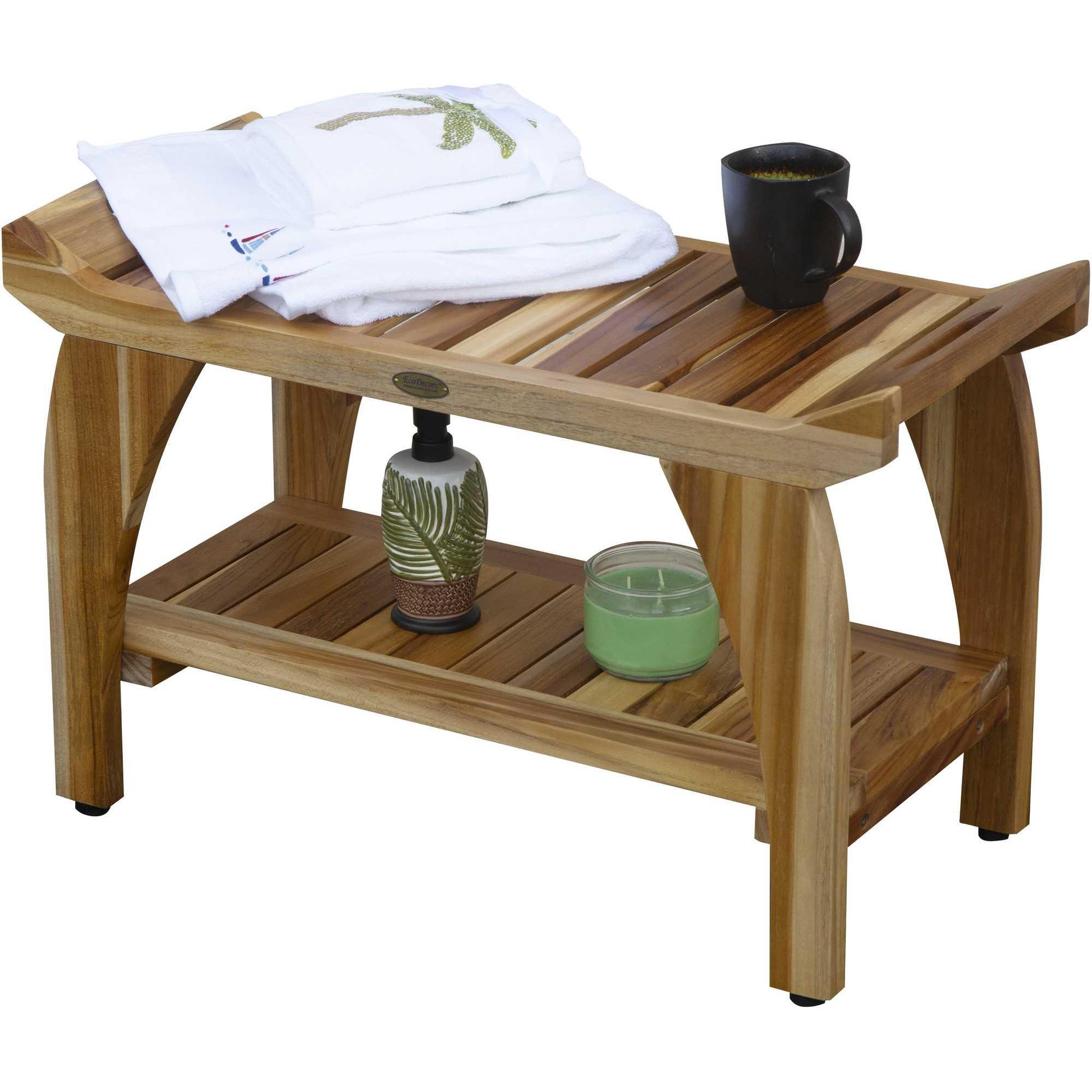 Rectangular Teak Shower Bench with Handles in Natural Finish - AFS