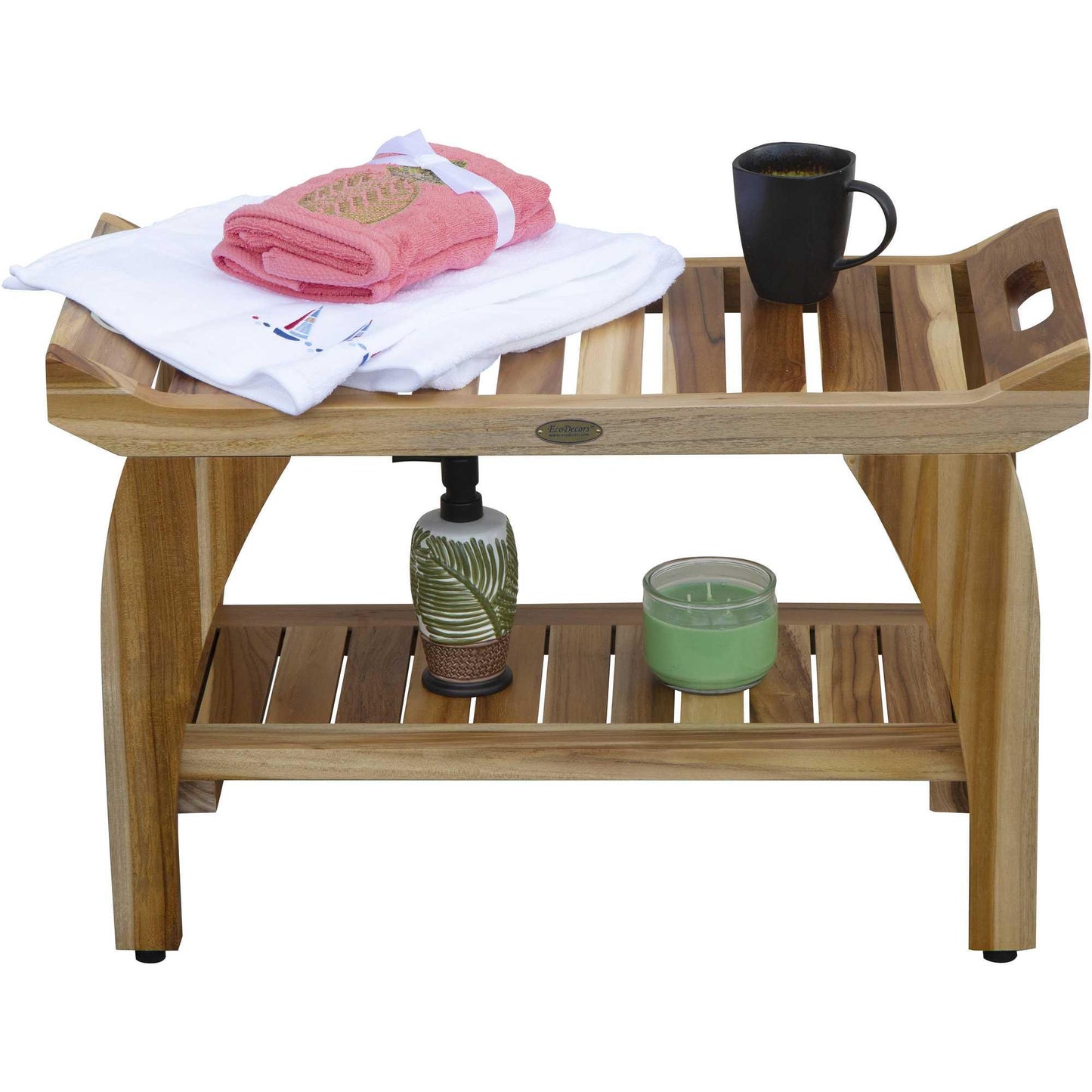 Rectangular Teak Shower Bench with Handles in Natural Finish - AFS