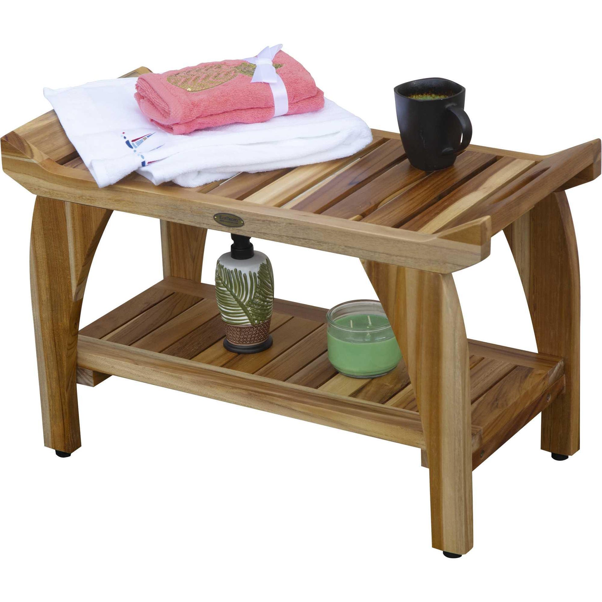 Rectangular Teak Shower Bench with Handles in Natural Finish - AFS