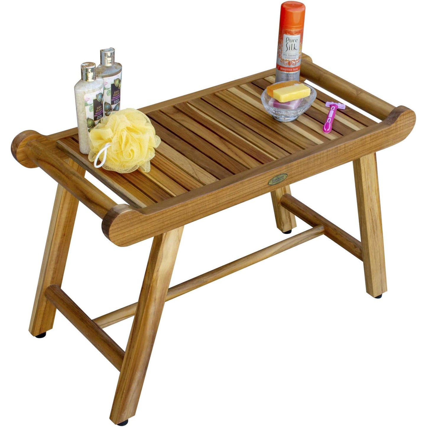 Rectangular Teak Shower Bench with Handles in Natural Finish - AFS