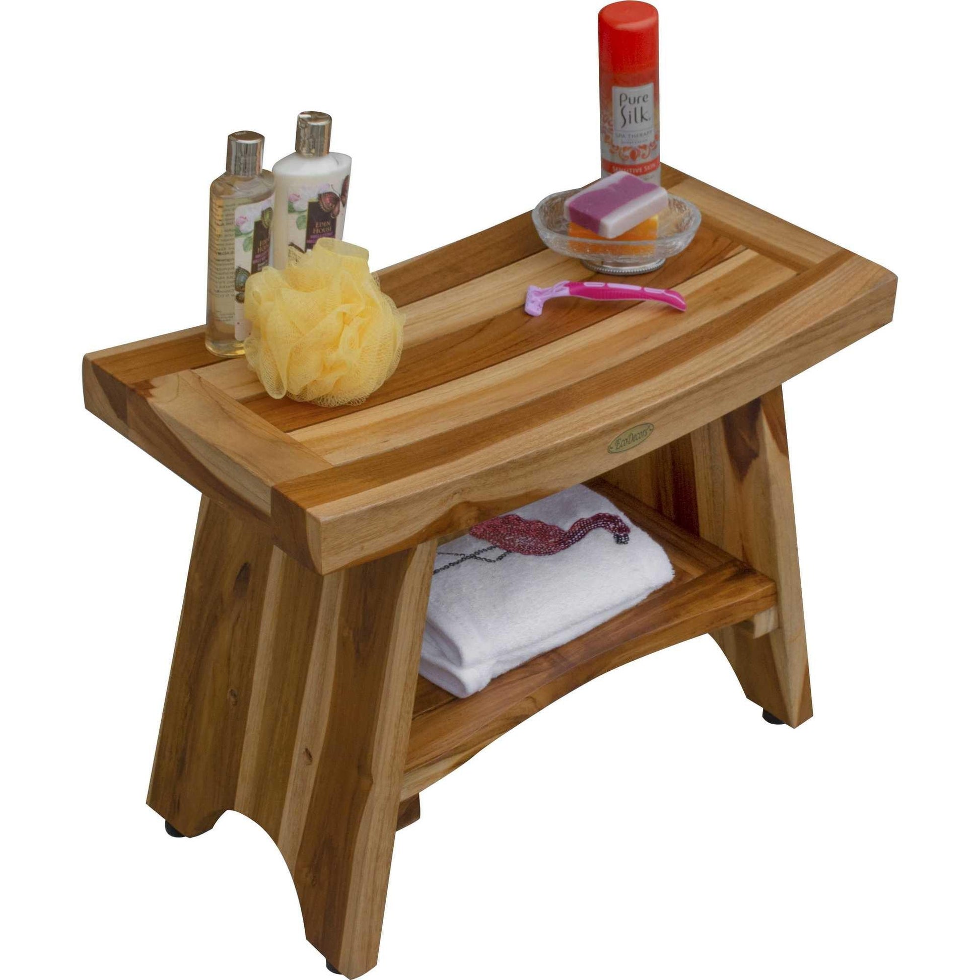 Contemporary Teak Shower Bench with Shelf in Natural Finish - AFS