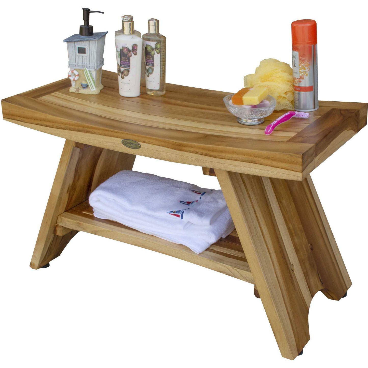 Rectangular Teak Shower Stool or Bench with Shelf in Natural Finish - AFS