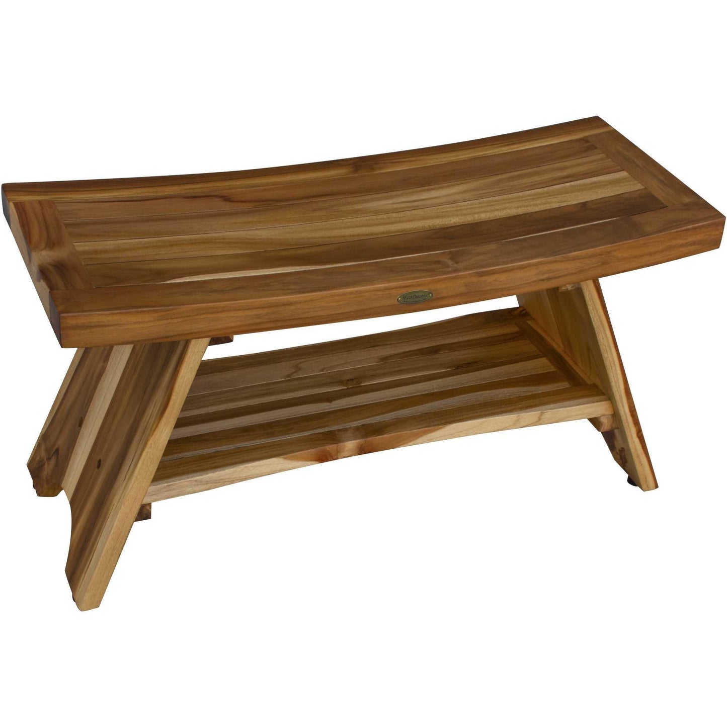 Compact Curvilinear Teak Shower Outdoor Bench with Shelf in Natural Finish - AFS