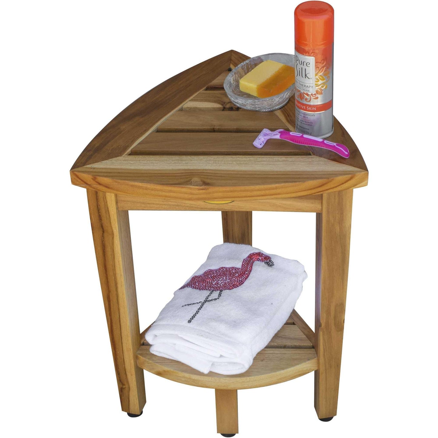 Compact Teak Corner Shower or Outdoor Bench with Shelf in Natural Finish - AFS