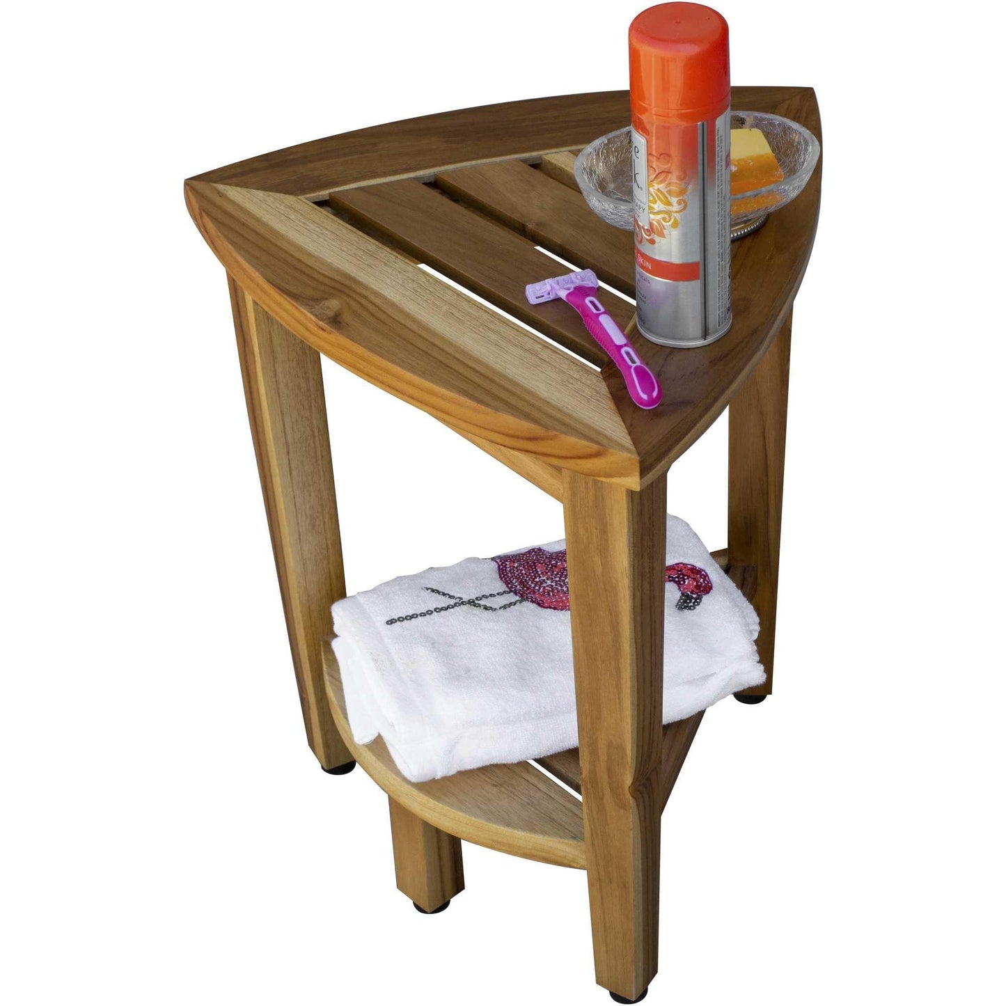 Compact Teak Corner Shower or Outdoor Bench with Shelf in Natural Finish - AFS