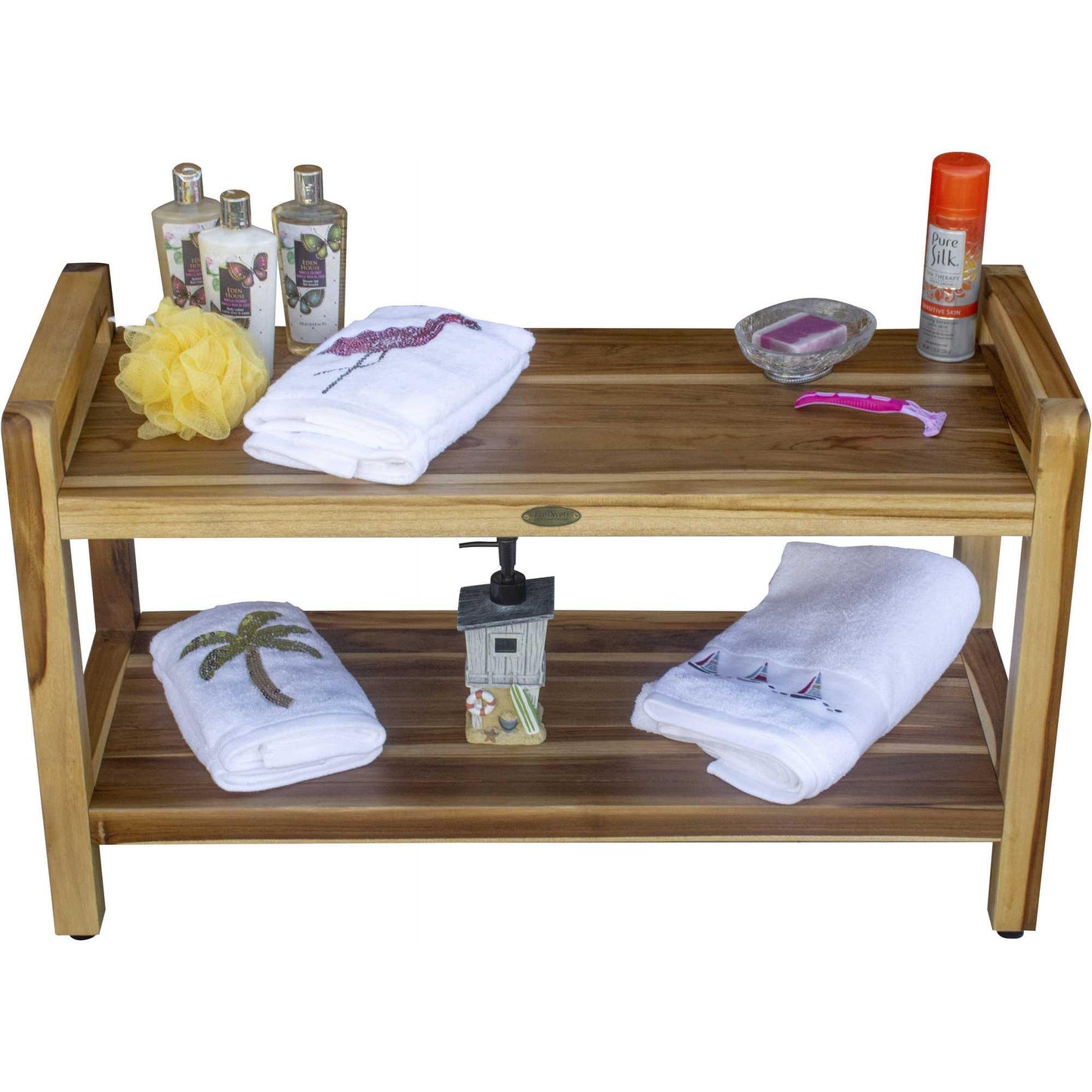 Rectangular Teak Shower Bench with Handles in Natural Finish - AFS