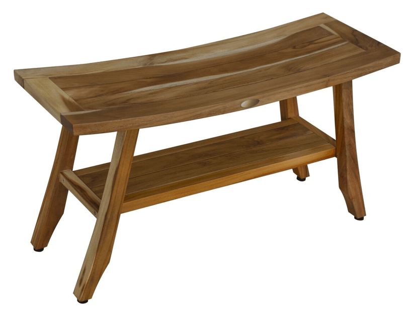 Compact Curvilinear Teak Shower Outdoor Bench with Shelf in Natural Finish - AFS