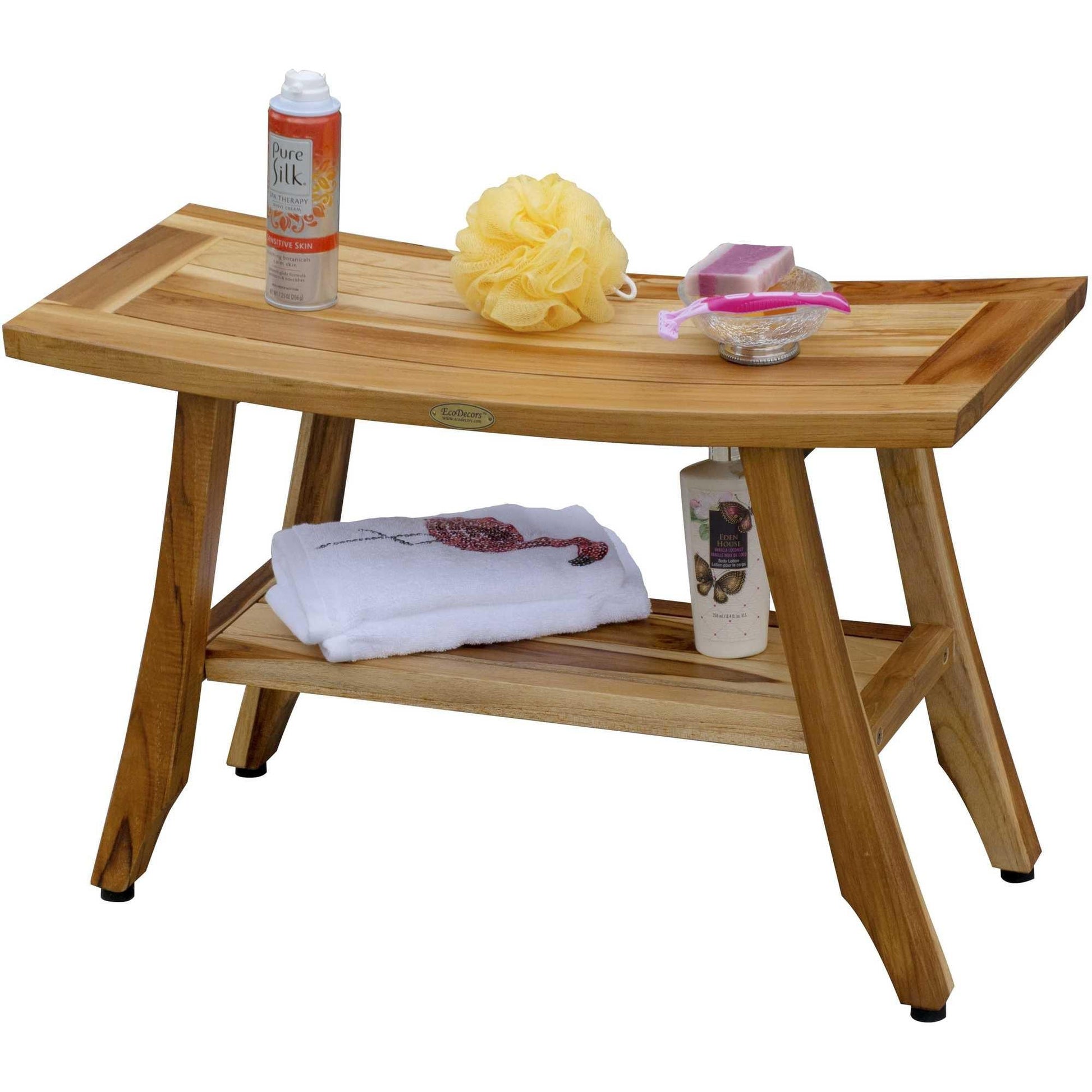 Contemporary Teak Shower Bench with Shelf in Natural Finish - AFS