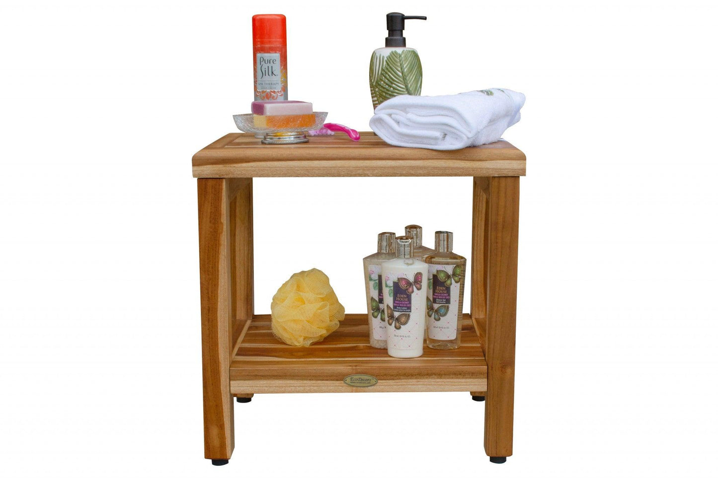 18" Contemporary Teak Shower Stool or Bench with Shelf in Natural Finish - AFS