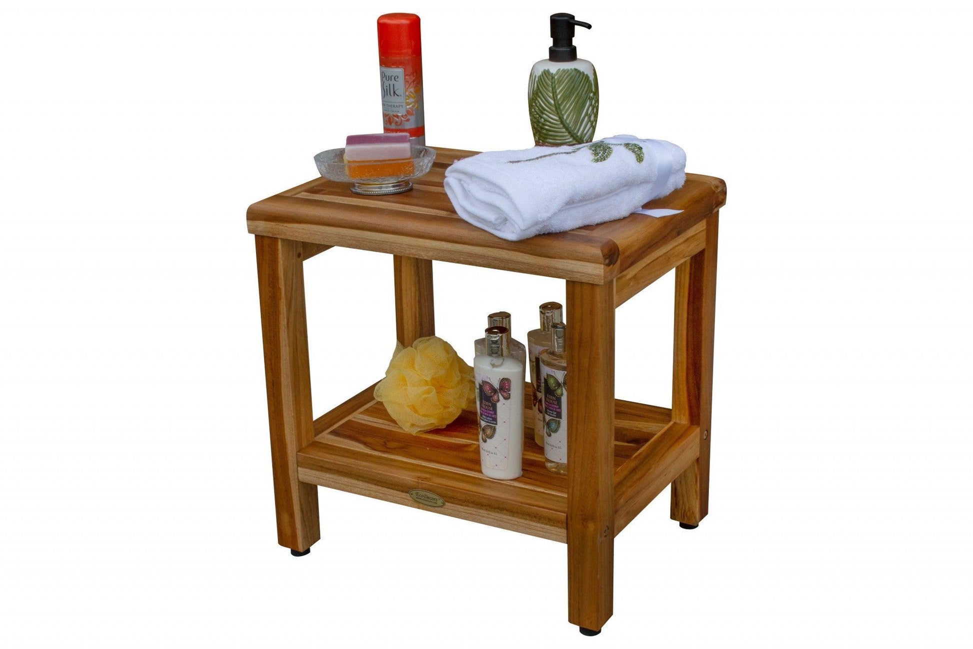 18" Contemporary Teak Shower Stool or Bench with Shelf in Natural Finish - AFS